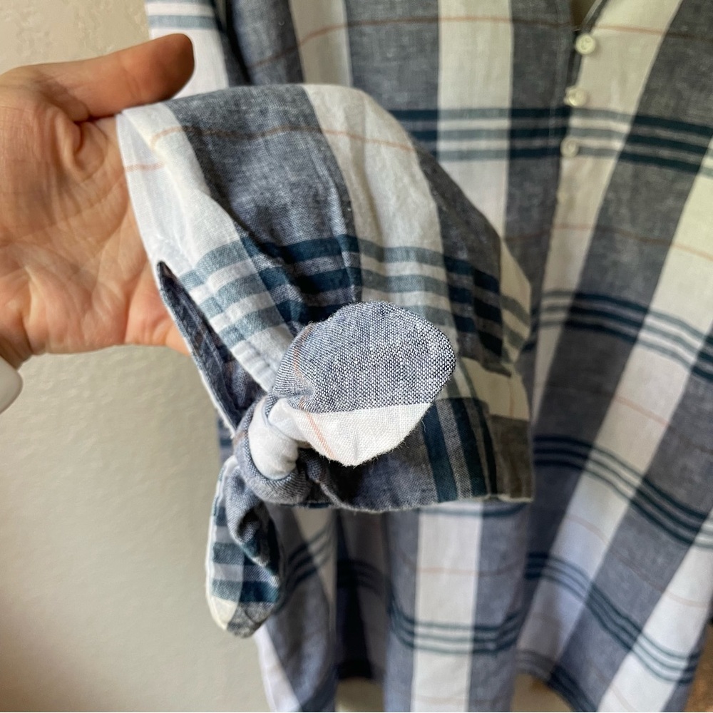 Liz Claiborne Womens XXL 2XL Linen Blend Blue Plaid Tunic 3/4 Tie Sleeve Blouse - Picture 6 of 10